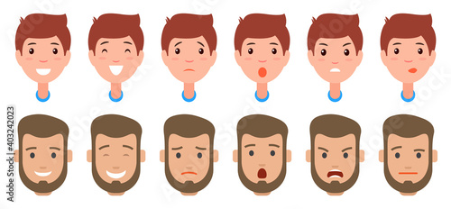 Set of character s emotions. Cartoon vector illustration. Boy and bearded man facial emotions. Emoji with different expressions. Front view of male s head. Angry, kind, smiles, screaming characters