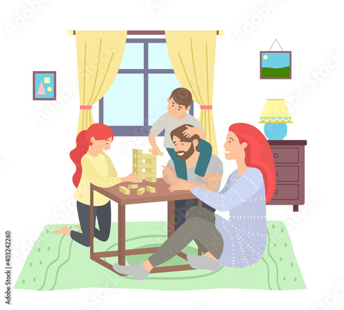 Happy family sitting at table and floor playing jenga game together with children. Parents playing with kids in educational games. Family spend leisure time together at home. Mom, dad, daughter, son