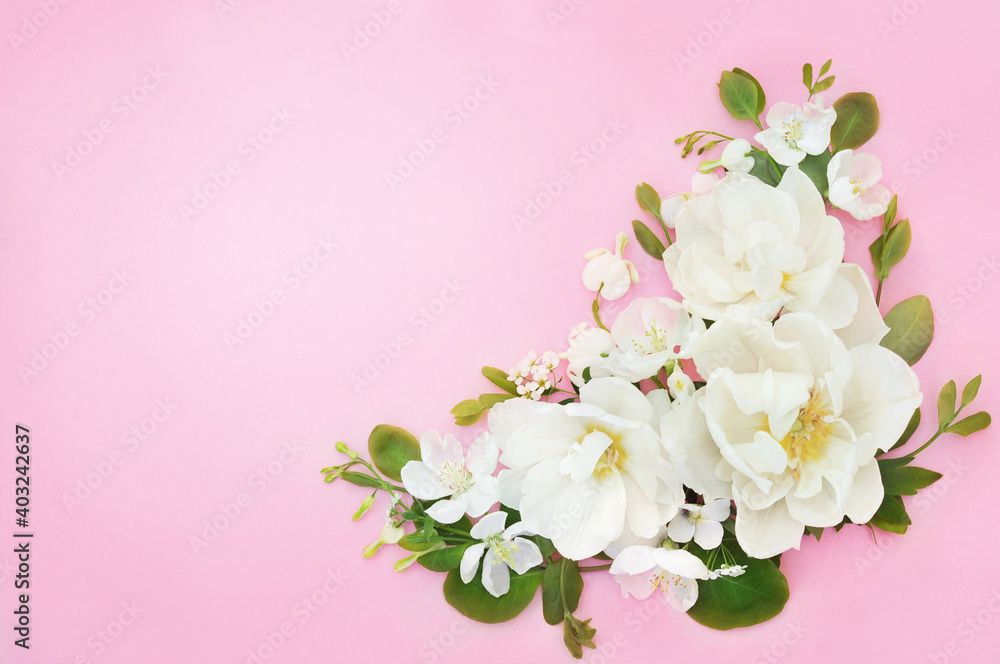 Spring blossoming tulips, springtime white flowers bouquet background, pastel and soft light floral card