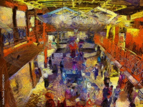 The landscape of the people in the mall Illustrations creates an impressionist style of painting.