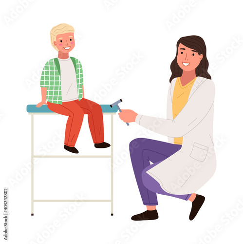 Female neuropathologist examining child use reflex hammer. Boy at appointment with doctor. Kid is visiting doctor during regular medical checkup isolated on white background. Physician works at clinic