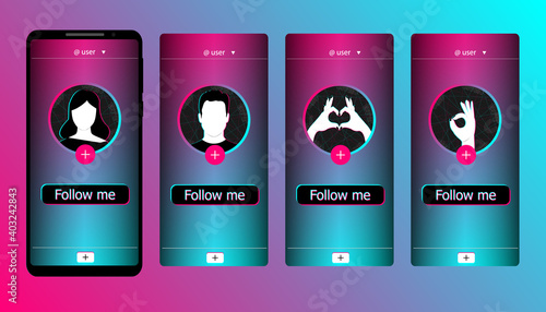 User interface carousel for a popular mobile app with different profile icons. Follow Button. Social network for making story, music video, blogging. Vector illustration