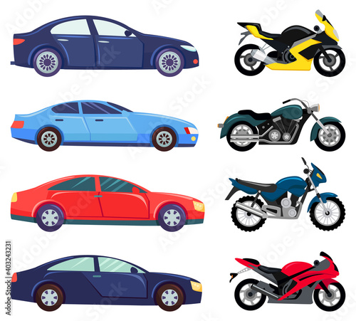 Vans and sports cars vector, isolated set of transportation. Vehicles transport of different types and shapes. Motorbike and bikes with seat, lorry. Buy new car and moto bike. Flat cartoon