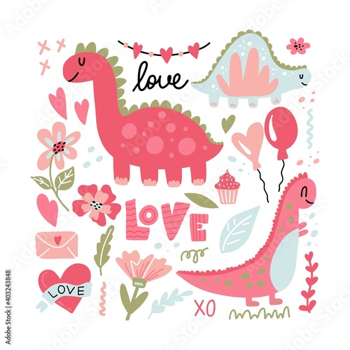 Romantic dinosaur. Cute pink doodle dino collection hand drawn simple prehistoric animals for girl childish prints and design. Flowers, leaves and love lettering for valentines day vector cartoon set © Mariya