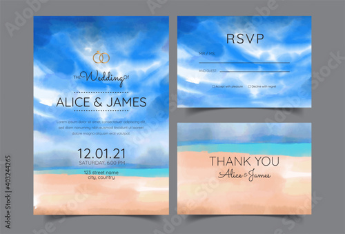 wedding cards, invitation. Save the date sea style design. Romantic beach wedding summer background
