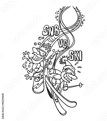 Snowboarder and downhill skier giving a race, snb vs ski, sports joke, black and white cartoon