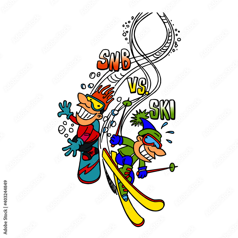 Snowboarder and downhill skier giving a race, snb vs ski, sports joke, color cartoon