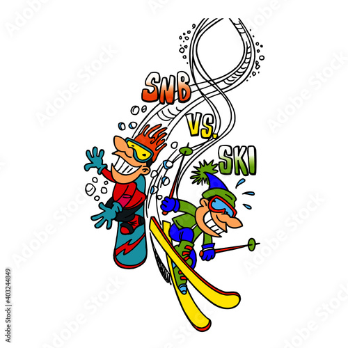 Snowboarder and downhill skier giving a race  snb vs ski  sports joke  color cartoon