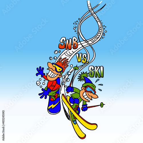Snowboarder and downhill skier racing together, snb vs ski, sport joke, snow background, color cartoon