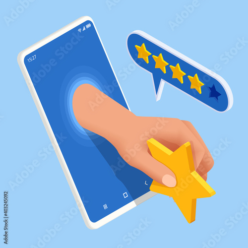 Isometric online customer review or feedback. Rating on customer service and user experience. Online survey of customer satisfaction, election voting, product development research