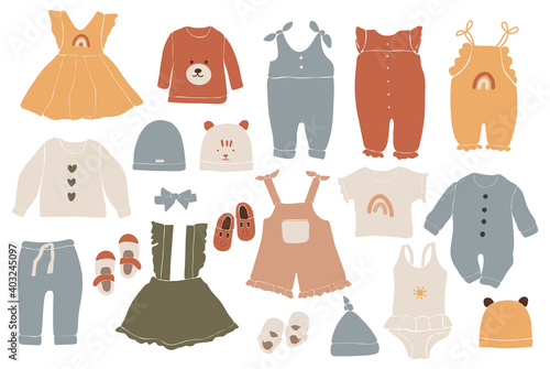 Baby boho clothes, abstract boho clothes, cute minimal wear for children, clothing clipart, vector baby set, abstract elements for kids
