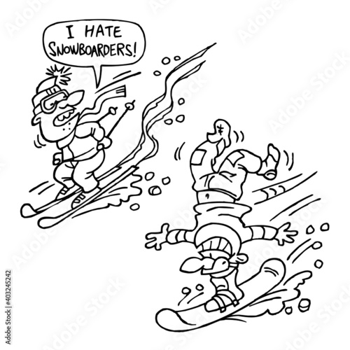 Snowboarder doing handstand on his board and angry skier hates him, winter sport joke, black and white cartoon