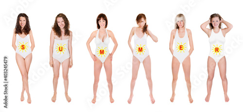 Portraits of six attractive young women wearing white swimsuits, summer is written on their swimwear, isolated on neutral studio background