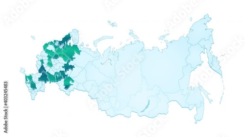 Three color variations of the animated map of Russia with highlighted and stylishly animated regions. 2D flat animation isolated on white background with alpha luma matte 4k.