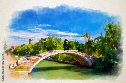 Watercolor drawing of Stone Devil bridge across water canal on Torcello island  embankment promenade along water canal  green trees and blue sky