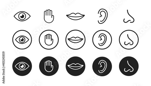 Five senses vector icons set. vision, hearing, touch, taste, smell