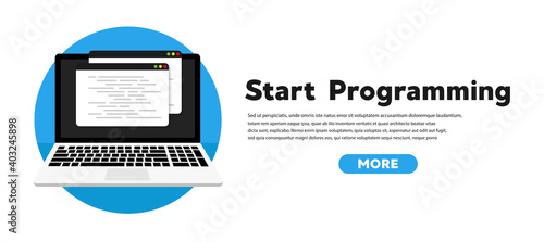 Programming courses and coding on computer. Vector flat illustration.