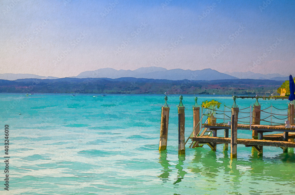 Watercolor drawing of Garda lake with blue azure turquoise water and wooden pier dock, coast with mountain range, blue sky background