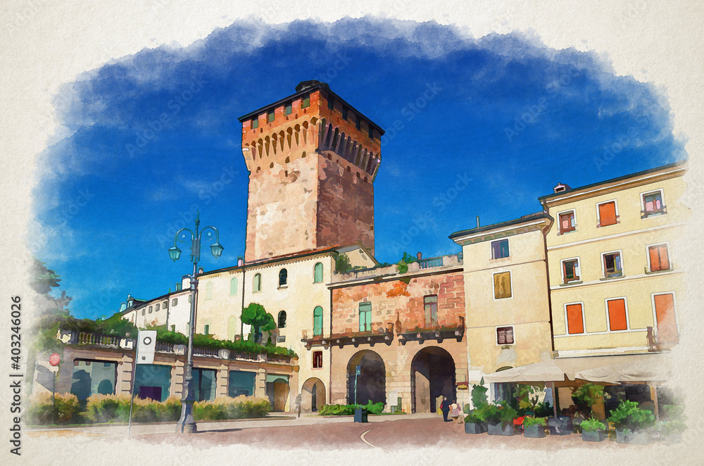Watercolor drawing of Porta Castello Tower Torre and Gate Terrazza Torrione brick building in old historical city centre of Vicenza city