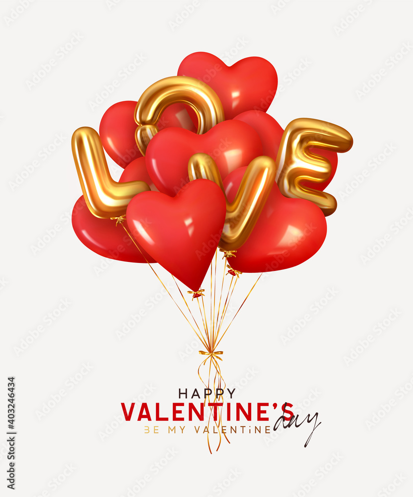 Valentine's day background with 3d red balloons in shape heart with gold metallic text lettering Love. Ballons and ribbon fly. Romantic banner, surprise poster, flyer and brochure. Holiday wedding - obrazy, fototapety, plakaty 