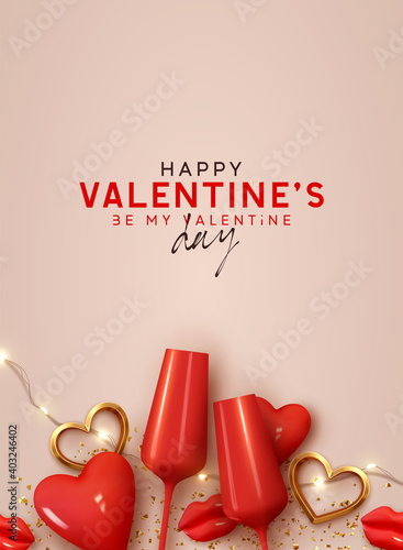 Happy Valentines day. Background with realistic 3d decor object. Two red Glass of wine, volumetric red heart and gold metal shape. Romantic banner, surprise poster, flyer and brochure. Holiday wedding