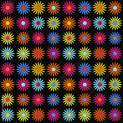 vector colorful multicolor seamless pattern. Gerbera flower. Chamomila flower endless  black background. Camomila,  yellow, red, blue, orange gerberas daisy flowers. chrysanthemum seamless pattern.  photo