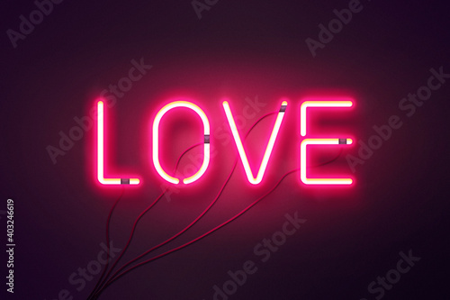 Neon retro Love sign on purple background. Design element for Happy Valentine's Day. Photo design, banner, greeting card.