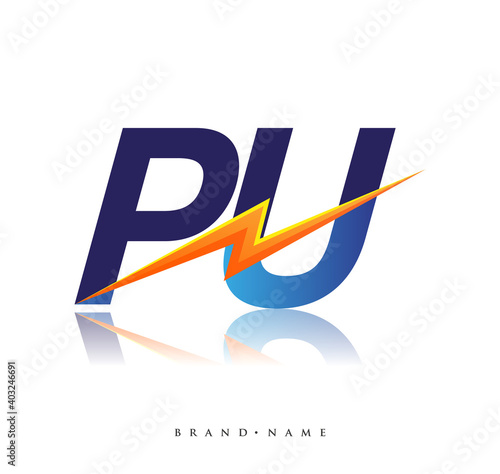 Letter PU logo with Lightning icon, letter combination Power Energy Logo design for Creative Power ideas, web, business and company.