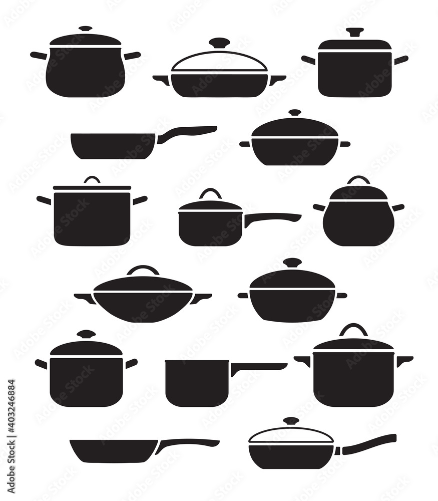 Vector set of kitchen utensils. Collection black and white pots and pans with lids. Vector set of kitchen utensils. Collection black and white pots and pans with lids.