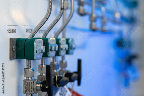 Oxygen helium nitrogen argon pipes in a research labaoratory photo
