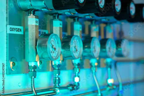 Oxygen helium nitrogen argon pipes in a research labaoratory