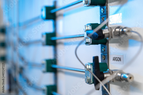 Oxygen helium nitrogen argon pipes in a research labaoratory