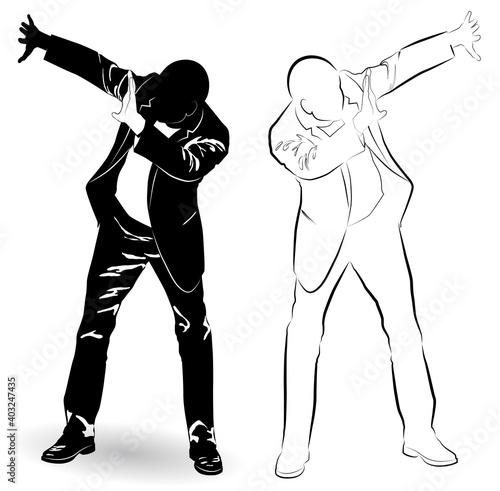 Silhouette of a man in a business suit defends himself with his hands from a threat