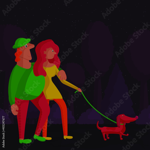 walking a couple in love in the park with a dog