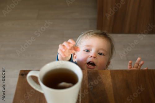 Wallpaper Mural Little child try to grab cup of hot tea on the table. Attention hot content concept. Torontodigital.ca