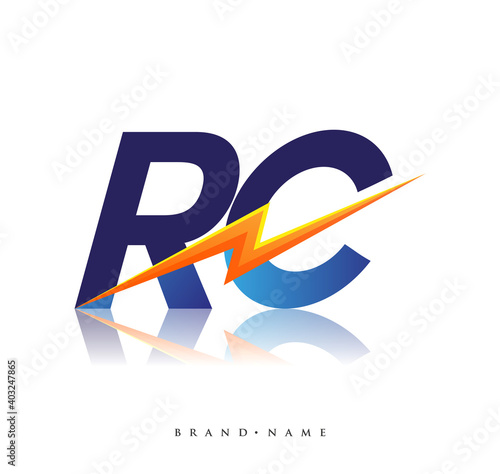 Letter RC logo with Lightning icon, letter combination Power Energy Logo design for Creative Power ideas, web, business and company.