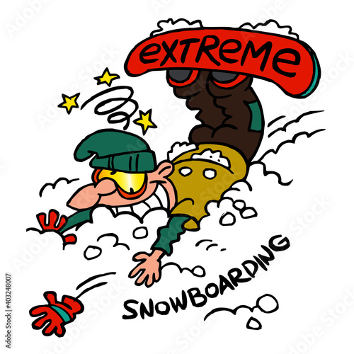 Snowboarder had an accident and fell into the snow, extreme snowboarding, winter sport joke, color cartoon