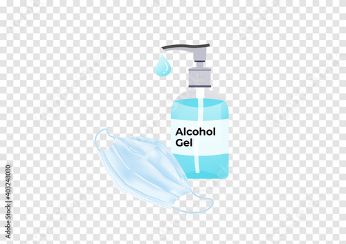 Alcohol gel bottle with medical mask for protect covid-19 vector isolated on transparency background