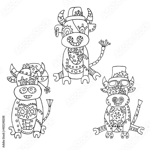  Chinese zodiac symbol of new 2021 year. Steampunk style bulls. Mechanical animals. Coloring book for children. Vector illustration. Eastern horoscope.Metal Buffalo isolated on a white.Linear drawing