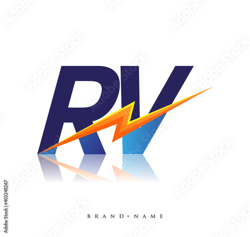 Letter RV logo with Lightning icon, letter combination Power Energy Logo design for Creative Power ideas, web, business and company.