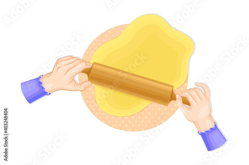 Human Hands Rolling Out Dough with Rolling Pin Above View Vector Illustration