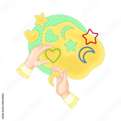 Human Hands Cutting Shapes from Dough Above View Vector Illustration