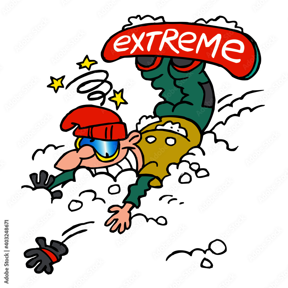 Snowboarder had an accident and fell into the snow, winter sport joke, color cartoon