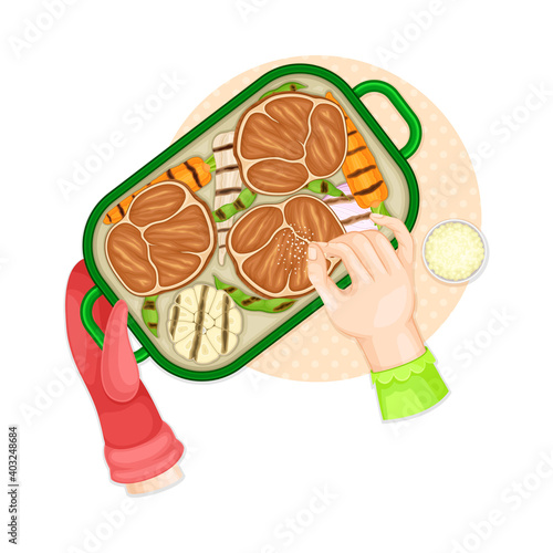 Hand in Oven Mitten Holding Tray Salting Grilled Vegetables and Meat Above View Vector Illustration
