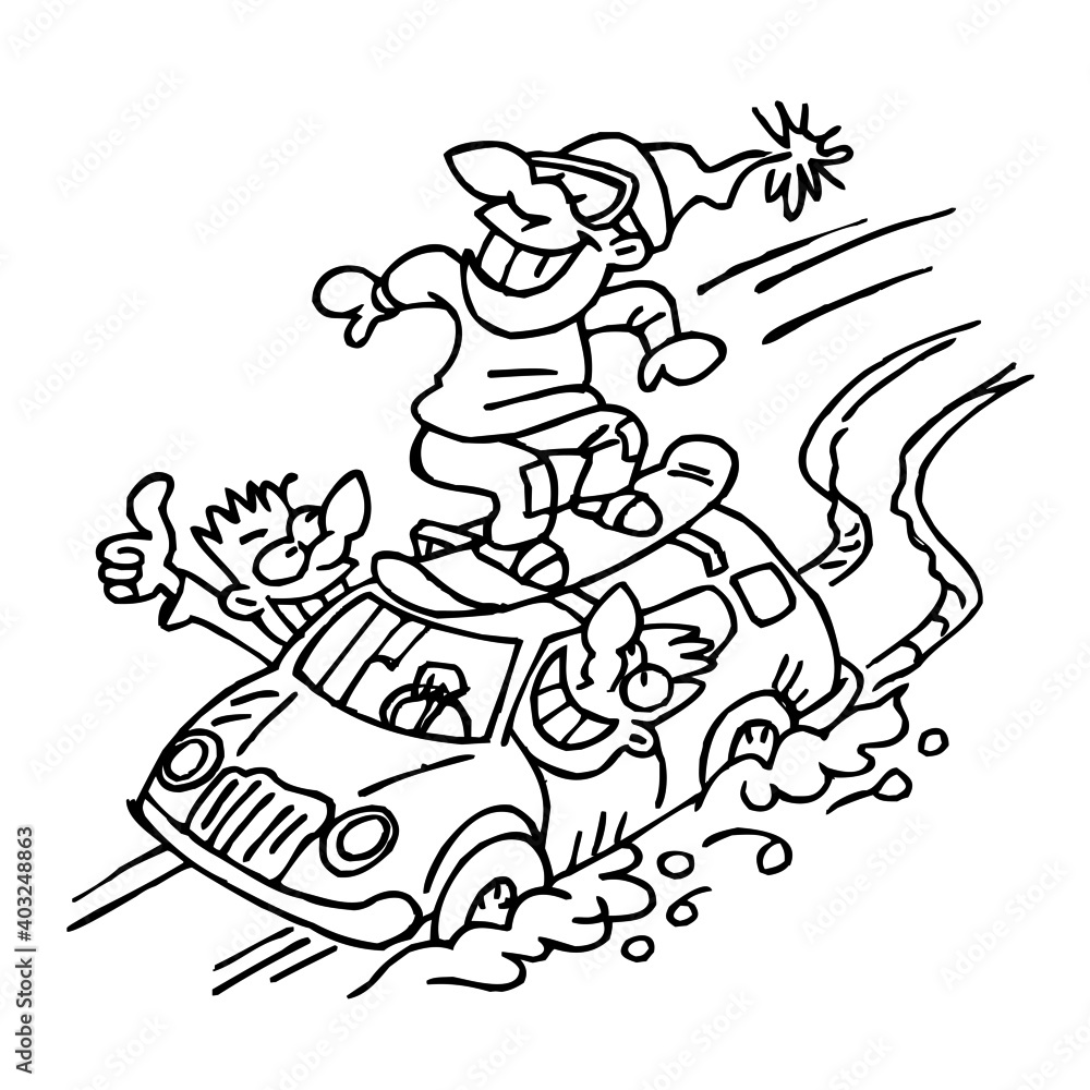 Snowboarder rides on the roof of a car which drives his friends down the hill, winter sport joke, black and white cartoon Snowboarder rides on the roof of a car which drives his friends down the hill, winter sport joke, black and white cartoon