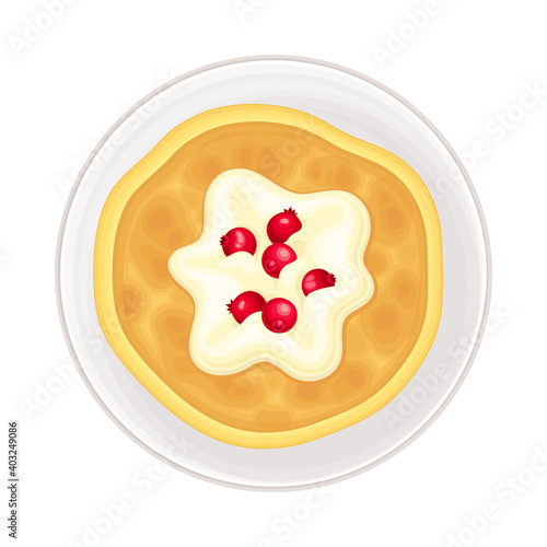 Pancake with Cream and Cranberry as Sugary Dessert on Plate Vector Illustration