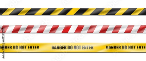 collection of three 3d realistic vector hazard white and red striped ribbon, caution tape of warning signs for crime scene or construction area in yellow. Isolated on white background.
