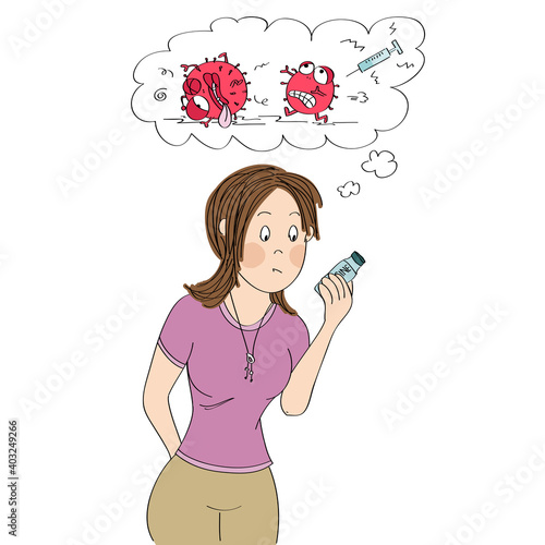 Hesitant young woman holding COVID 19 vaccine, deciding whether to get shot or not. She is dreaming about dead coronavirus after the immunization - original hand drawn illustration.