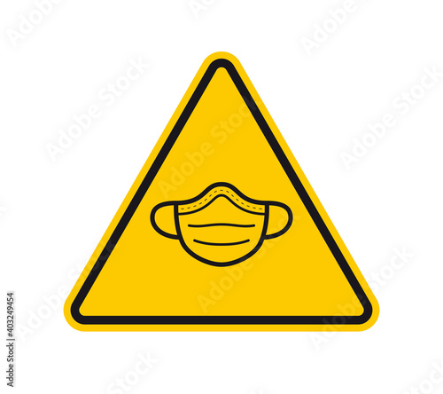 Vector yellow triangle sign - medical face mask. Isolated on white background.