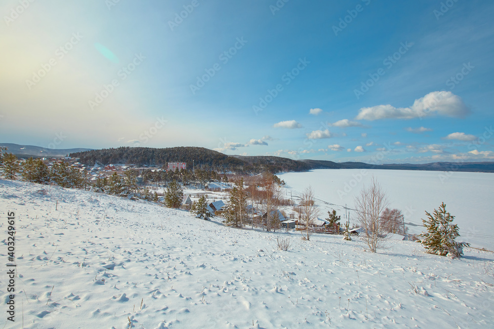 A view of the lake Turgoyak in the winter. Chelyabinsk region, Miass city.